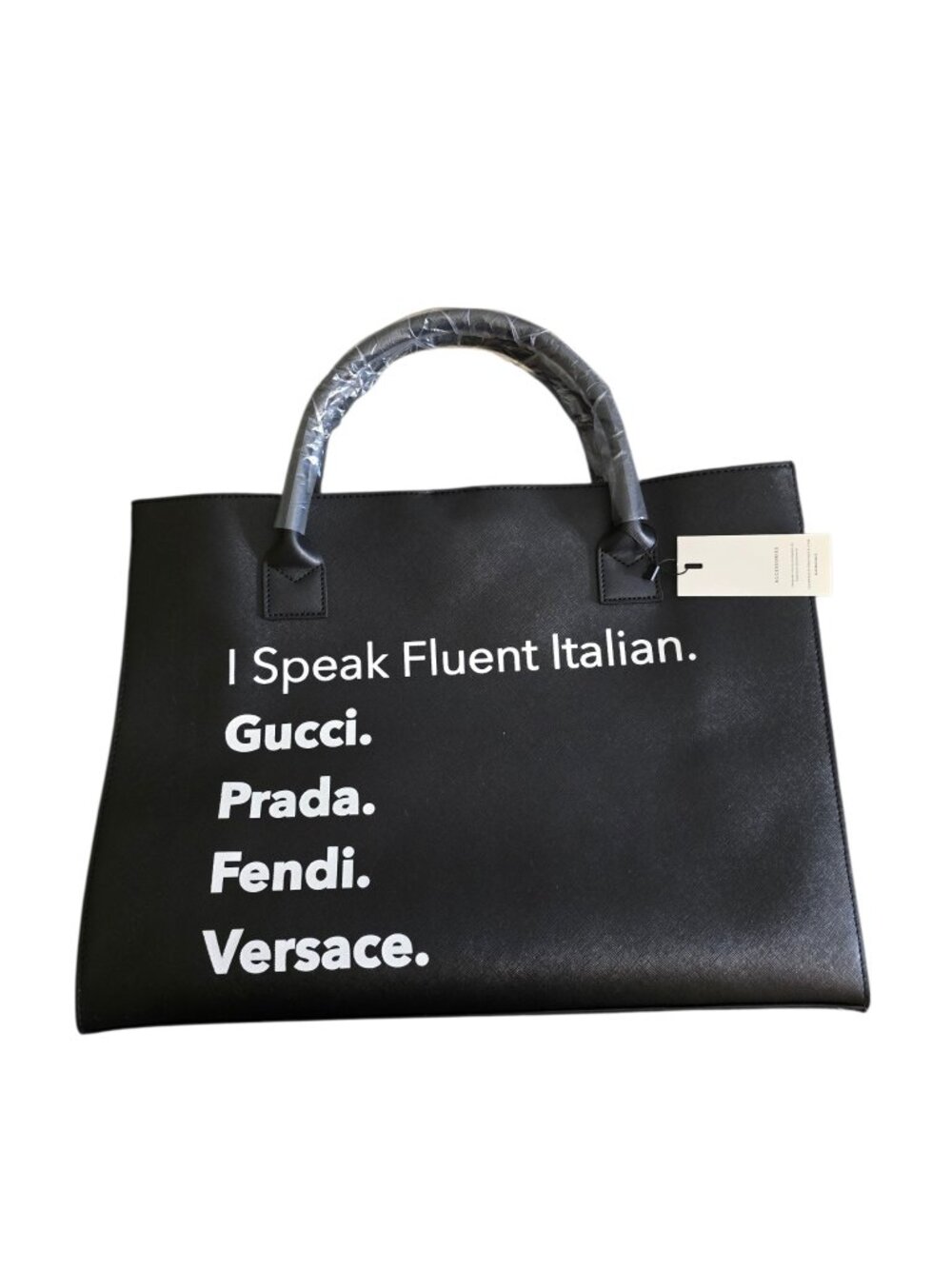 Funny Italian Designer Quote Tote NWT Black Vegan Leather Large Statement Tote